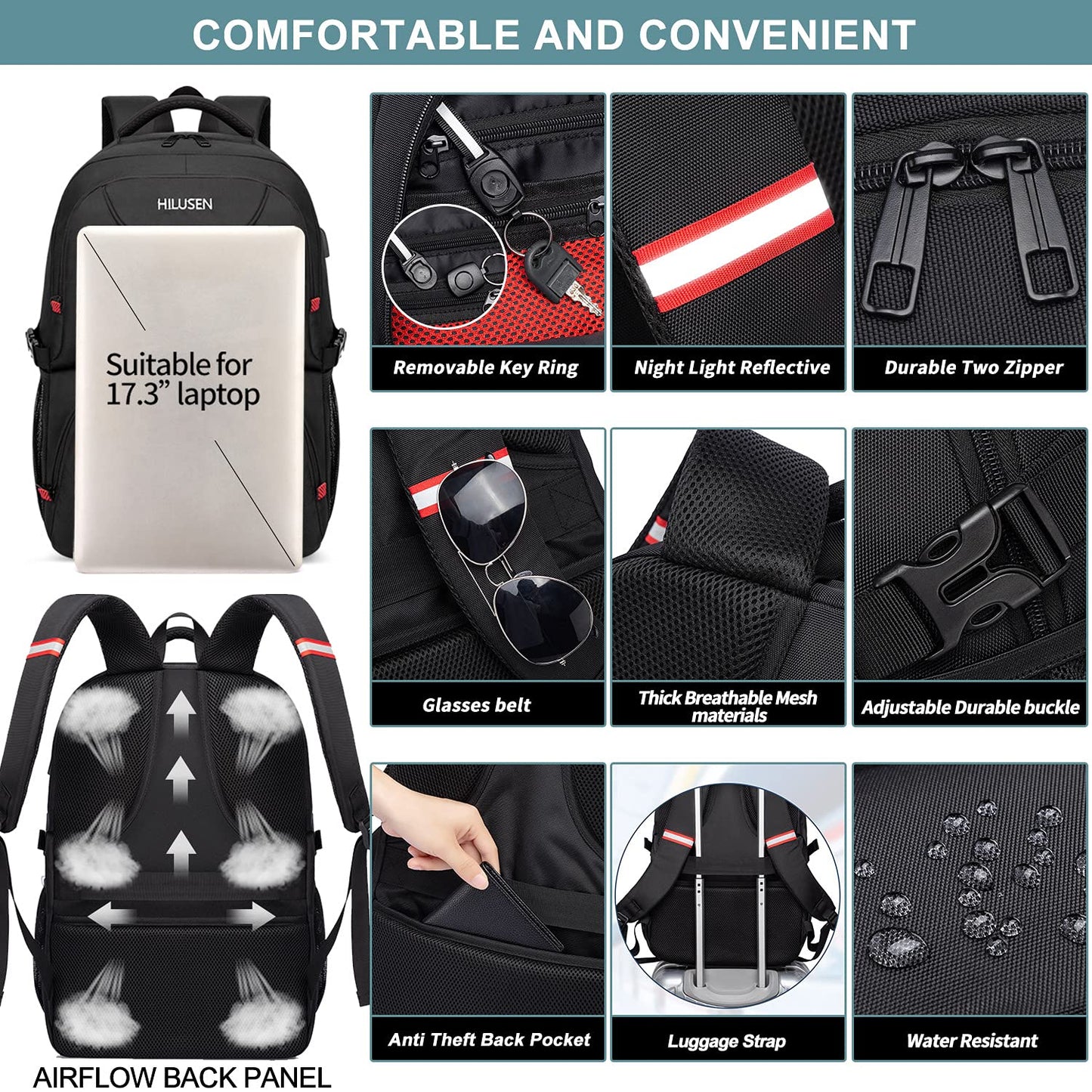 HILUSEN Large Backpack for Men 50L, Work Backpack Laptop Backpack Men 17.3 Inch School Backpack with USB Charging Port Business Travel Notebook Bag Backpacks Men Women Boys Teenagers Black