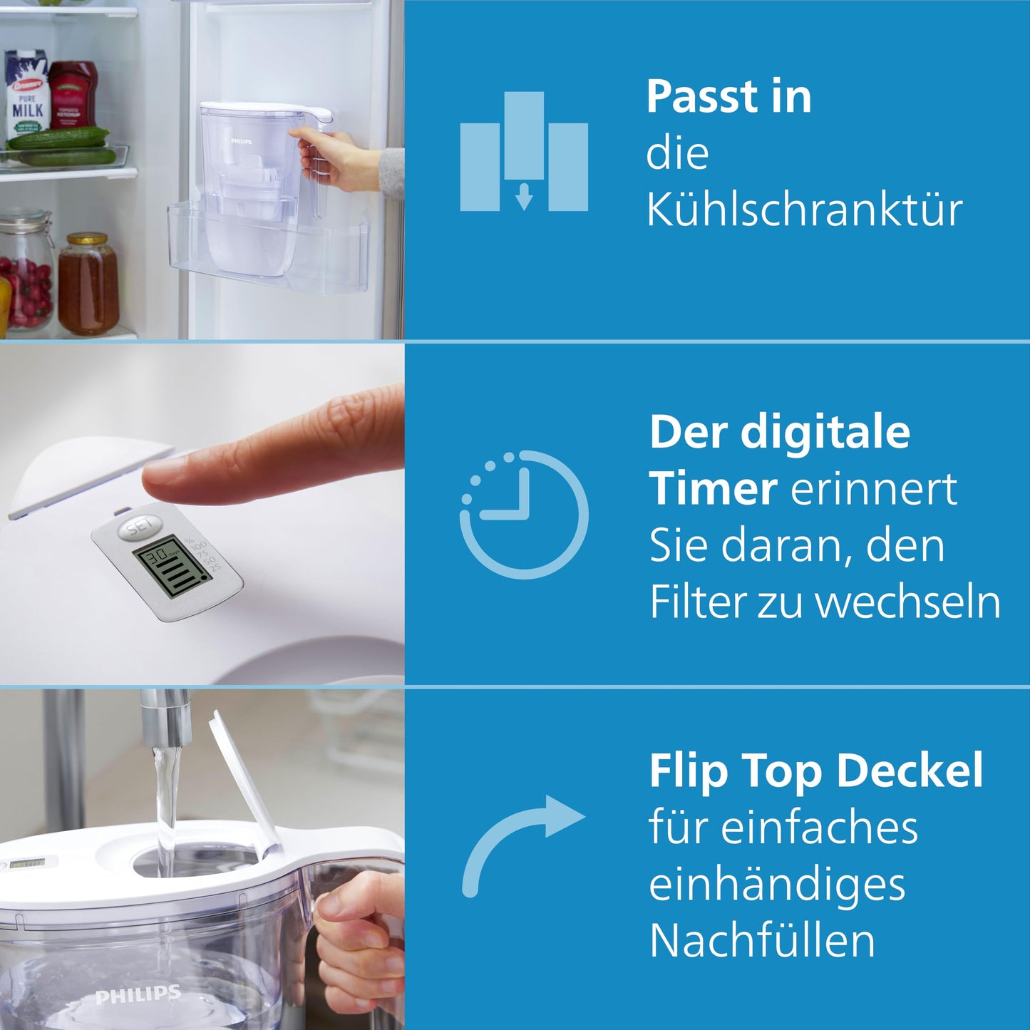Philips Water Filter Jug +6 flavors+ Replacement filter cartridges fast flow electronic timer filters chlorine lime heavy metals and microplastic 2.6 L