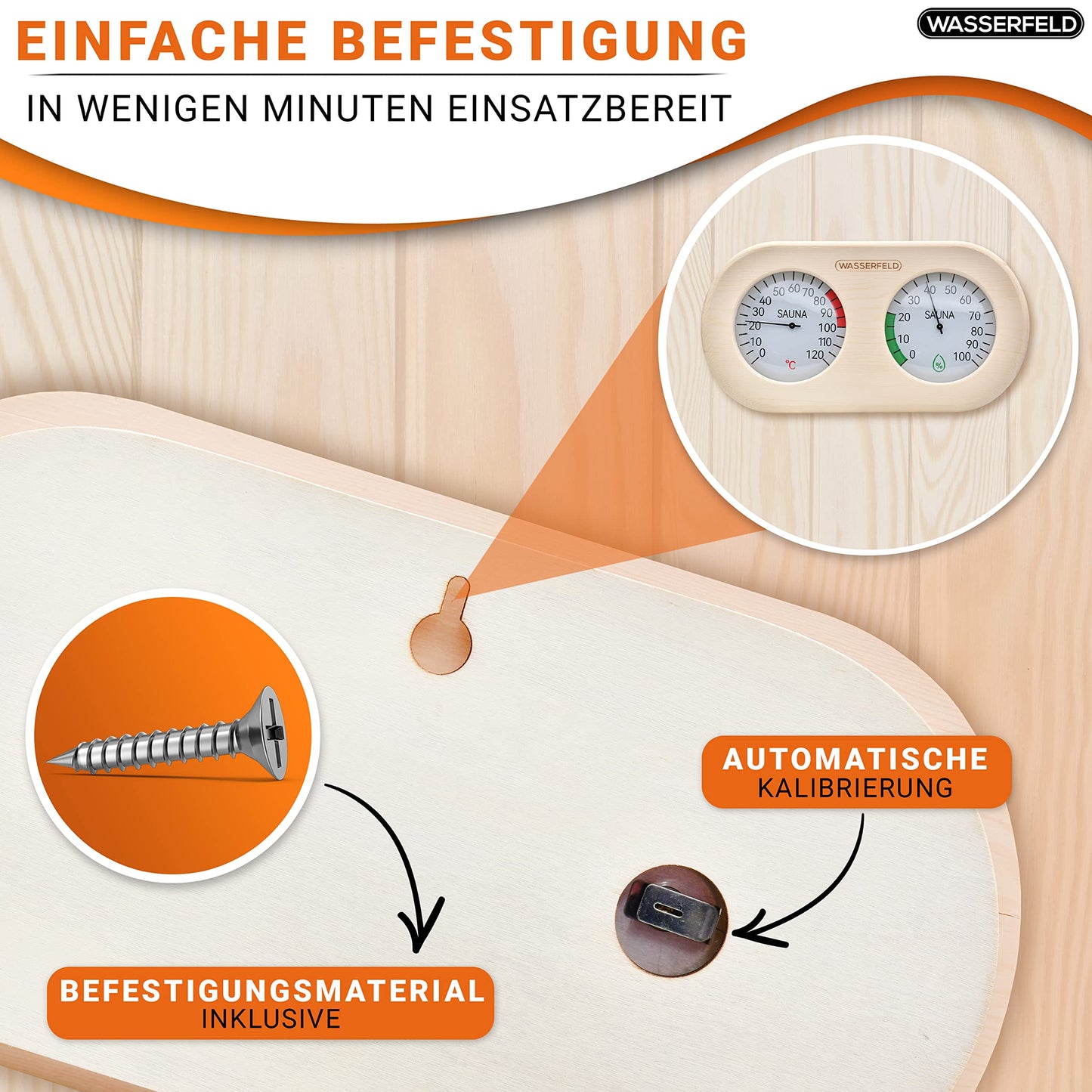 WASSERFELD® Sauna Thermometer Hygrometer [2in1 Function] Precise sauna thermometer for accurate temperature & humidity measurement - Sauna hygrometer with tempered glass - Sauna accessory...