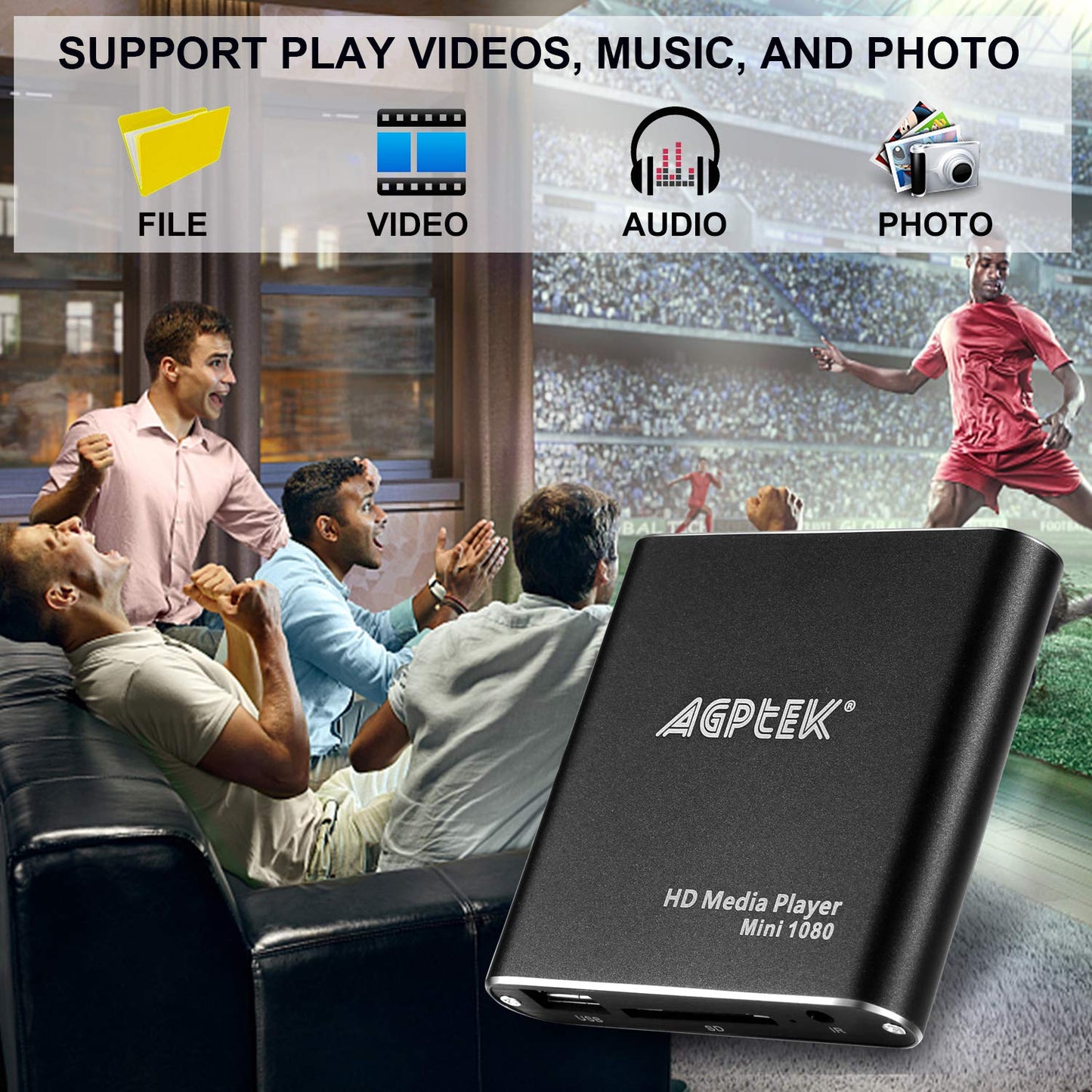AGPTEK Mini 1080P Full HD Digital Media Player with remote control for MP3, WMA, OGG, AAC, FLAC, APE, AC3, DTS, ATRA - Supports HDMI CVBS & YPbPr video output (Black).