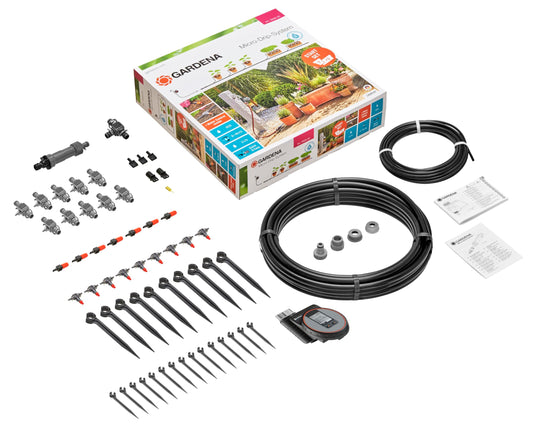Gardena Start Set Plant Pots M automatic: The convenient Micro-Drip System starter set with irrigation computer for 7 pots and 3 troughs (13002-20)