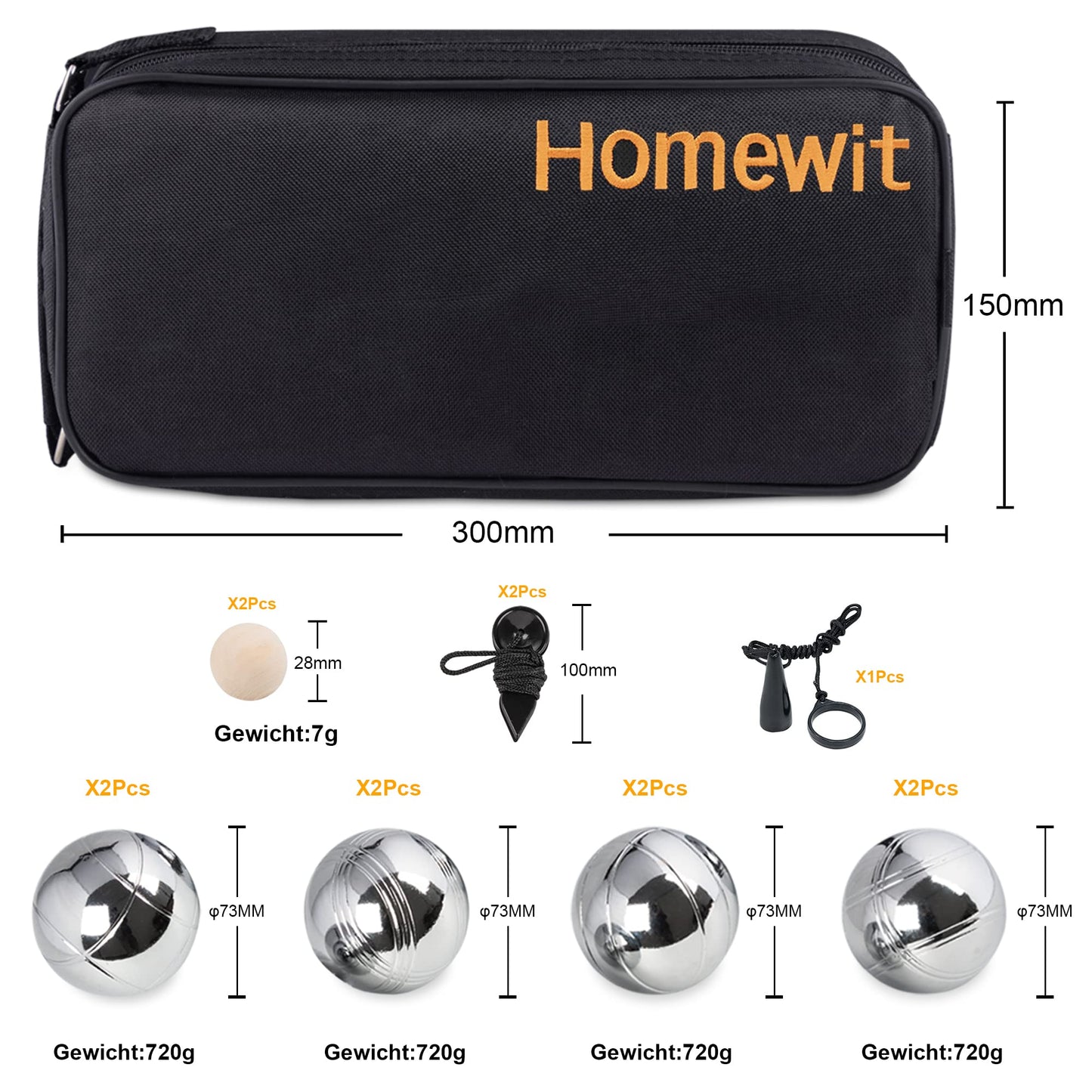 Bocce balls, petanque balls with 8 metal, 2 wood balls, 2 measuring devices, 1 boules ball magnet attachment & luxurious carry bag. Perfect for outdoor play in the garden or at the beach.