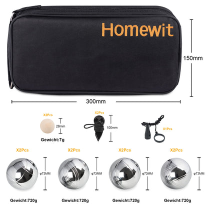 Bocce balls, petanque balls with 8 metal, 2 wood balls, 2 measuring devices, 1 boules ball magnet attachment & luxurious carry bag. Perfect for outdoor play in the garden or at the beach.