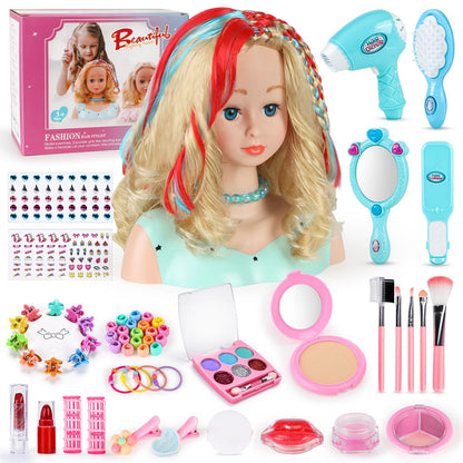 BuzzoXerex Styling Head Kid Set, 58 Piece Makeup Head for Girls Washable, Doll Head for Styling Kids with Hair Accessories and Cosmetics Birthday Christmas Gifts for 3 and up (Blue)