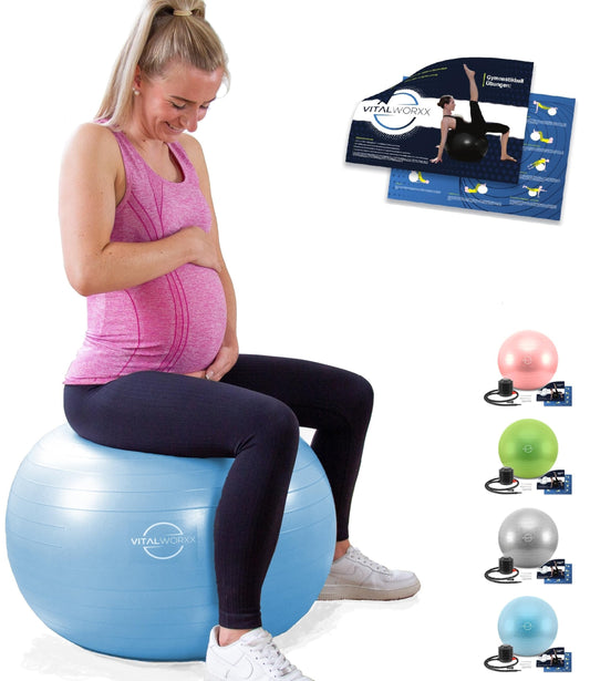 VITALWORXX Gymnastics Ball for Pregnant Women, extremely stable, Exercise Ball Yoga Ball Pezzi Ball with pump, with exercises for pregnancy, birth, health.