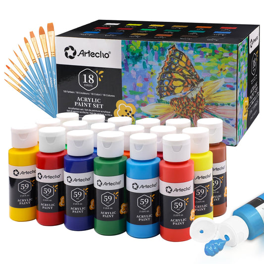 Artecho Acrylic Paint Set 18 x 59ml with 10 brushes, Waterproof and Lightfast Acrylic Paints, Non-toxic, Ideal for Canvas, Paper, and Fabrics, Suitable for Beginners and Professionals