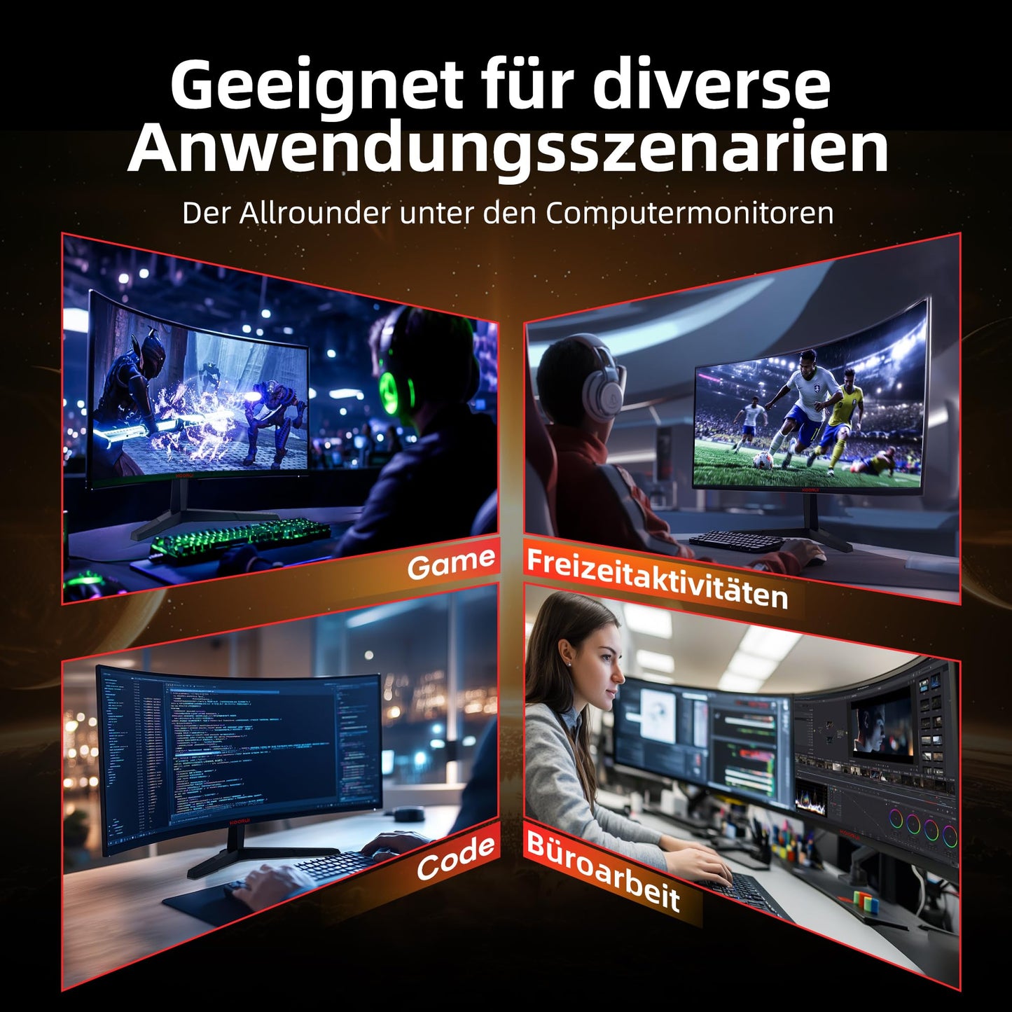 KOORUI 27-inch gaming monitor, 2K QHD 1440P screen, 180Hz 1ms (GTG) curved display, 1500R PC gamer, Adaptive Sync, HDR, anti-glare, 2xHDMI & DP VESA.