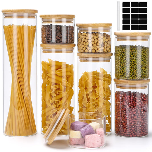Lannvan glass storage jars with lids, 8-piece set, airtight glass storage containers with wooden lids for coffee beans, grains, nuts, flour, pasta, and spaghetti storage.