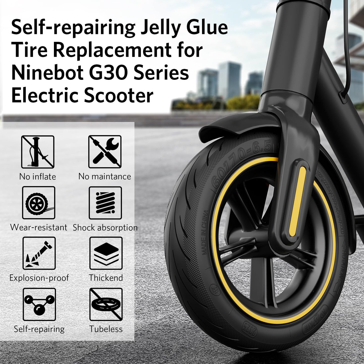 OUXI 10 inch tire self-repairing Jelly Glue replacement tire for Ninebot G30Max / G30D with mounting tool for electric scooter, 60/70-6.5 inch replacement wheels, high elastic electric scooter tires (2 pack)