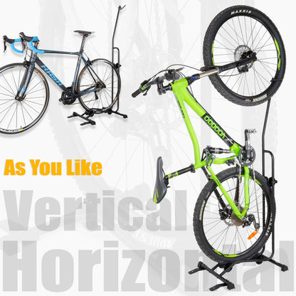 CyclingDeal Bike Stand - High quality adjustable vertical and horizontal bike rack - Safe and reliable storage for MTB and road bikes.
