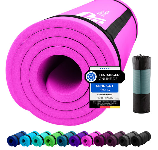 REFIT FITNESS Sport Mat Comfort-Max 190 x 60 x 1.5 cm Hot Pink Rose PainProtect SmartCell NBR Yoga Mat Non-Slip Carry Strap Exercise Mat for Sport Yoga Pilates Gymnastics