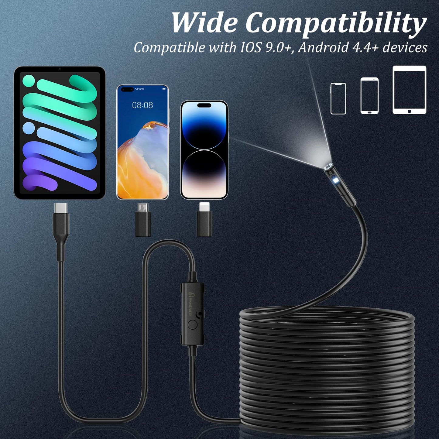 Endoscope camera with light, Ennovor 1920 HD dual-head endoscope camera for mobile phones with 8 LED lights. No WiFi inspection camera, waterproof IP67 sewer camera for Android & iOS, tablets (32.8 ft/10m).
