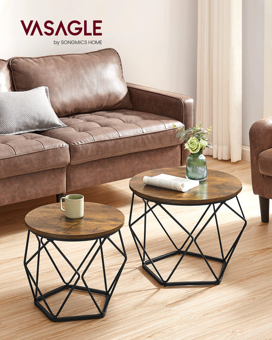 VASAGLE round coffee table, set of 2, living room table, side table, vintage flair, removable tabletop, for living room, vintage brown-ink black LET040B01