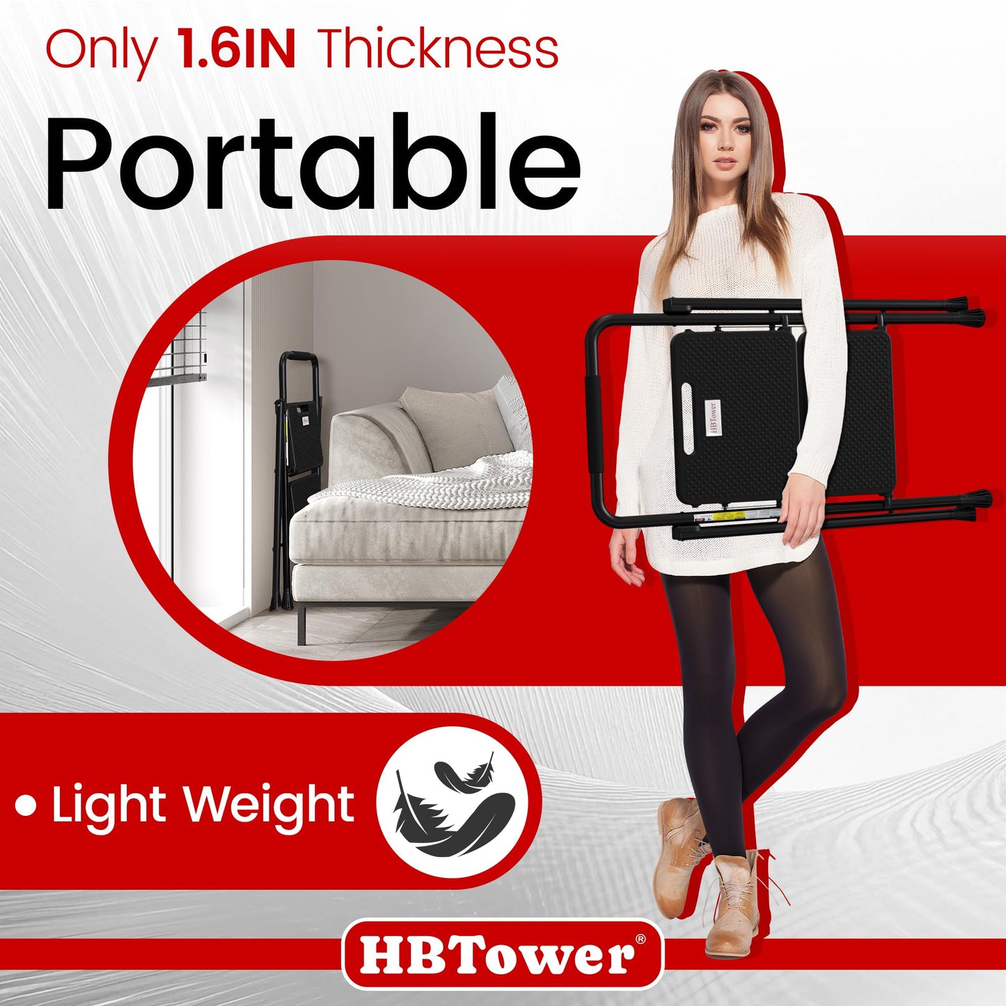 HBTower Folding Step Ladder with 2 Steps, Wide Anti-Slip Pedals, Portable up to 150 kg, Household ladder for Kitchen, Garage & DIY.