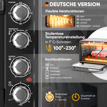 Stillstern Mini Convection Oven 35L (DE version) Pizza Ø28, CYCLONE PRO+ non-stick coating, Thawing, 2h Timer, Camping Mini Convection Oven Pizza Oven Mini Oven small Rotisserie Chicken Grill with Spit