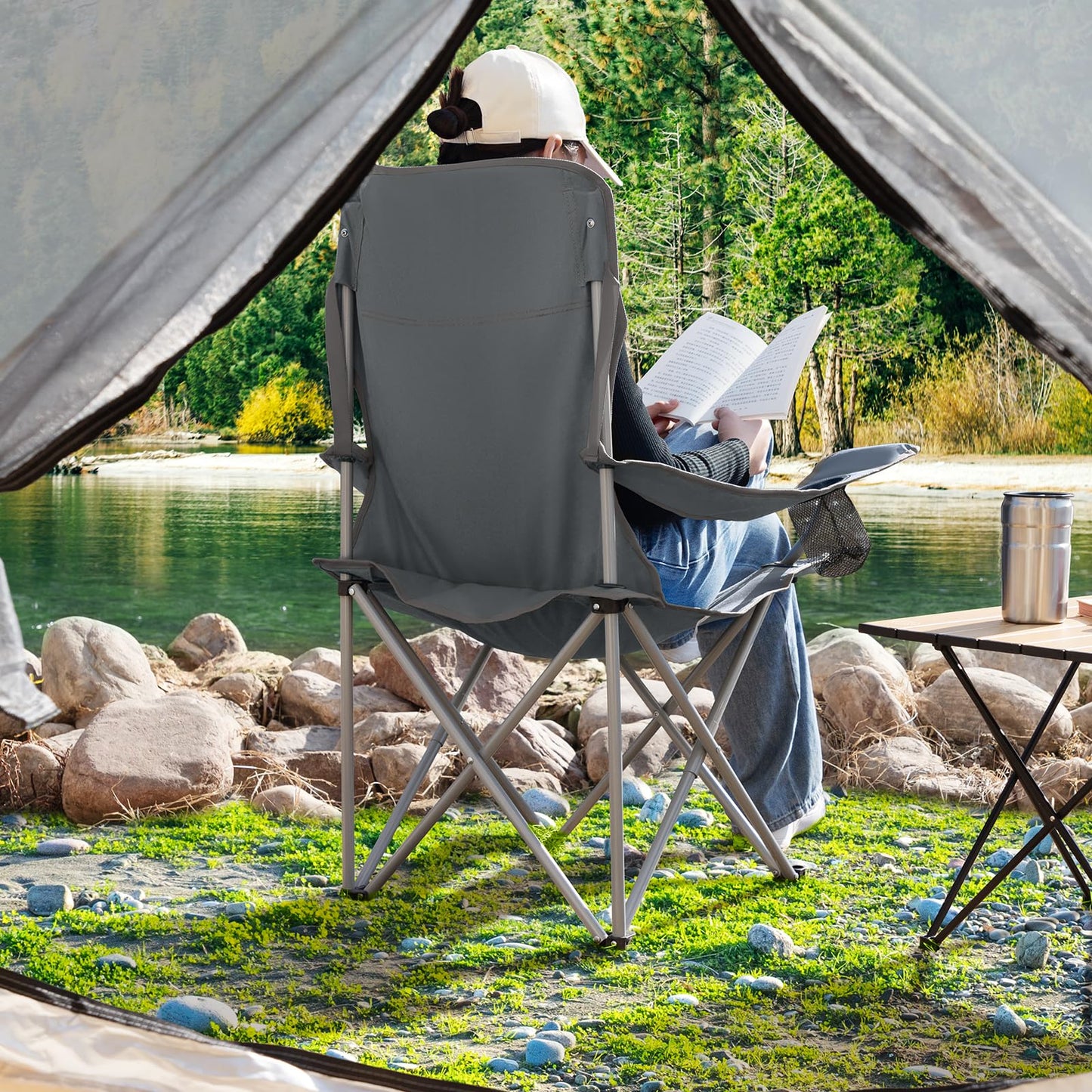 AMHANCIBLE Folding Camping Chair 2 Pack, Foldable Fishing Chair with Cup Holder, Garden Chair with High Backrest, Folding Camping Chair with Armrests, Lightweight, Portable Camping Chairs, up to 150kg EOCC02GY