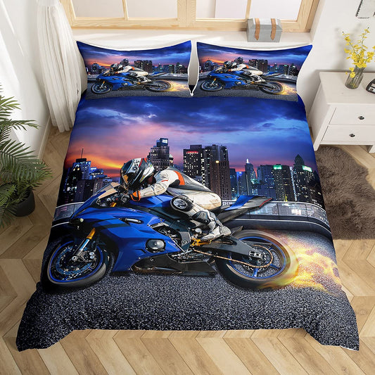 Tbrand Motorcycle Pattern Bedding Set 135x200cm Teen Cool Motorcycle Rider Bed Set for Kids Boys Extreme Sports Theme Duvet Cover Set Modern City Building Room Decor