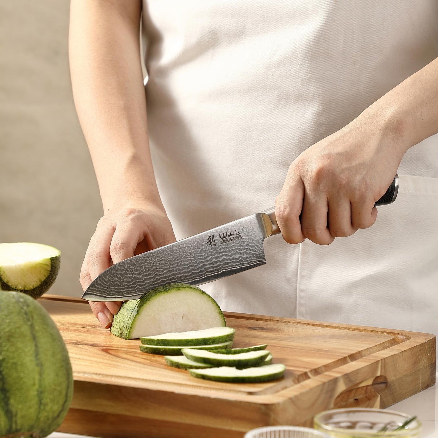 Wakoli Mikata Damascus knife Santoku 17 cm blade I made of 67 layers I Damascus kitchen knife and professional chef's knife made of real Damascus steel with Micarta handle