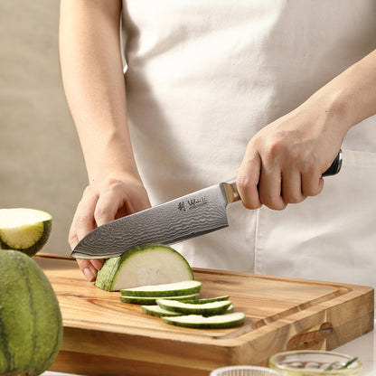 Wakoli Mikata Damascus knife Santoku 17 cm blade I made of 67 layers I Damascus kitchen knife and professional chef's knife made of real Damascus steel with Micarta handle