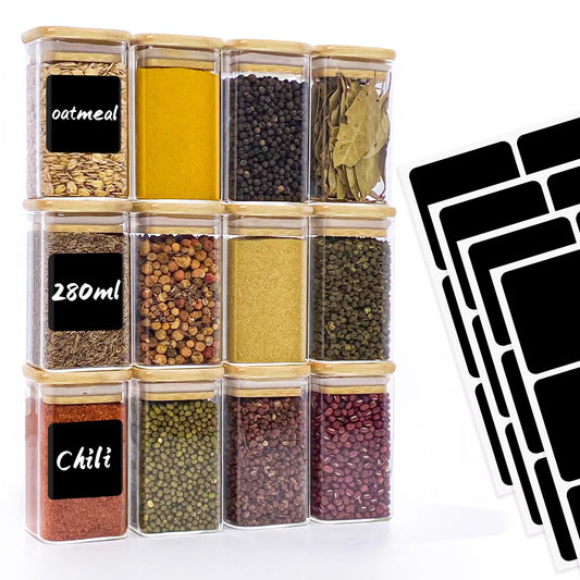 12-piece set of glass storage jars without labels, each with a 280ml capacity and wooden lids. Ideal for storing spices in the kitchen, these stackable containers are perfect for organizing your spice collection.