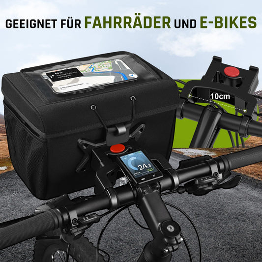 Lesolph handlebar bag for bike with handlebar adapter for bicycle and e-bike, 6L bike handlebar bag waterproof front bike basket accessory with phone holder, touchscreen, and removable shoulder strap.