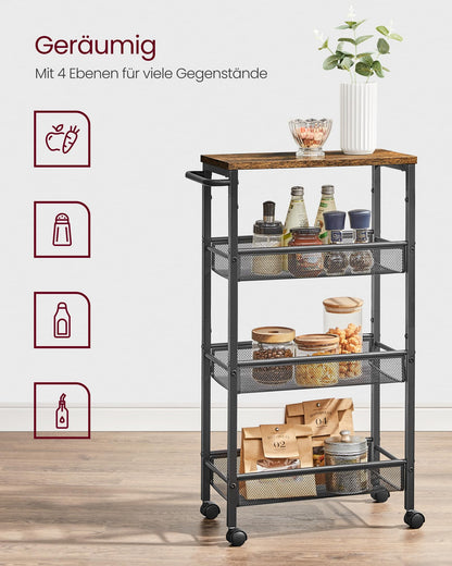 VASAGLE 4-Tier Narrow Kitchen Cart, Slim Rolling Utility Cart, Steel Frame, Handle, for Small Spaces, 8.7 x 17.9 x 30.3 Inches, Kitchen, Bathroom, Living Room, Office, Vintage Brown-Black LRC033B01