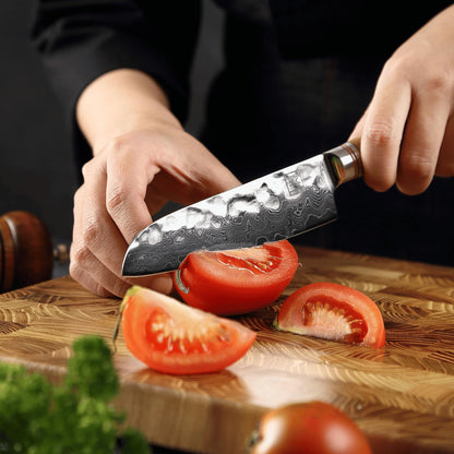 zayiko Minami Premium small Santoku knife with 12 cm blade made of 67 layers of genuine Damascus steel with hammered finish and olive wood handle I wooden box I Damascus knife kitchen knife and professional chef's knife