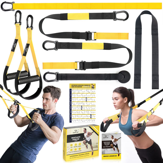 COFOF Suspension Trainer - Professional sports kit for full body training, with large handles, door anchor attachment, carrying bag, and exercise guide for home gym.