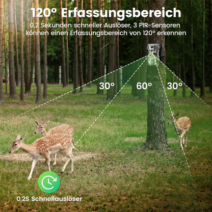 XTU Wildlife Camera with WiFi and cell phone transfer app - 64MP 2.7K Solar Wildlife camera with motion sensor night vision, 30m remote access, 0.2s trigger time 120° detection angle, with 32GB SD card 5600mAh battery