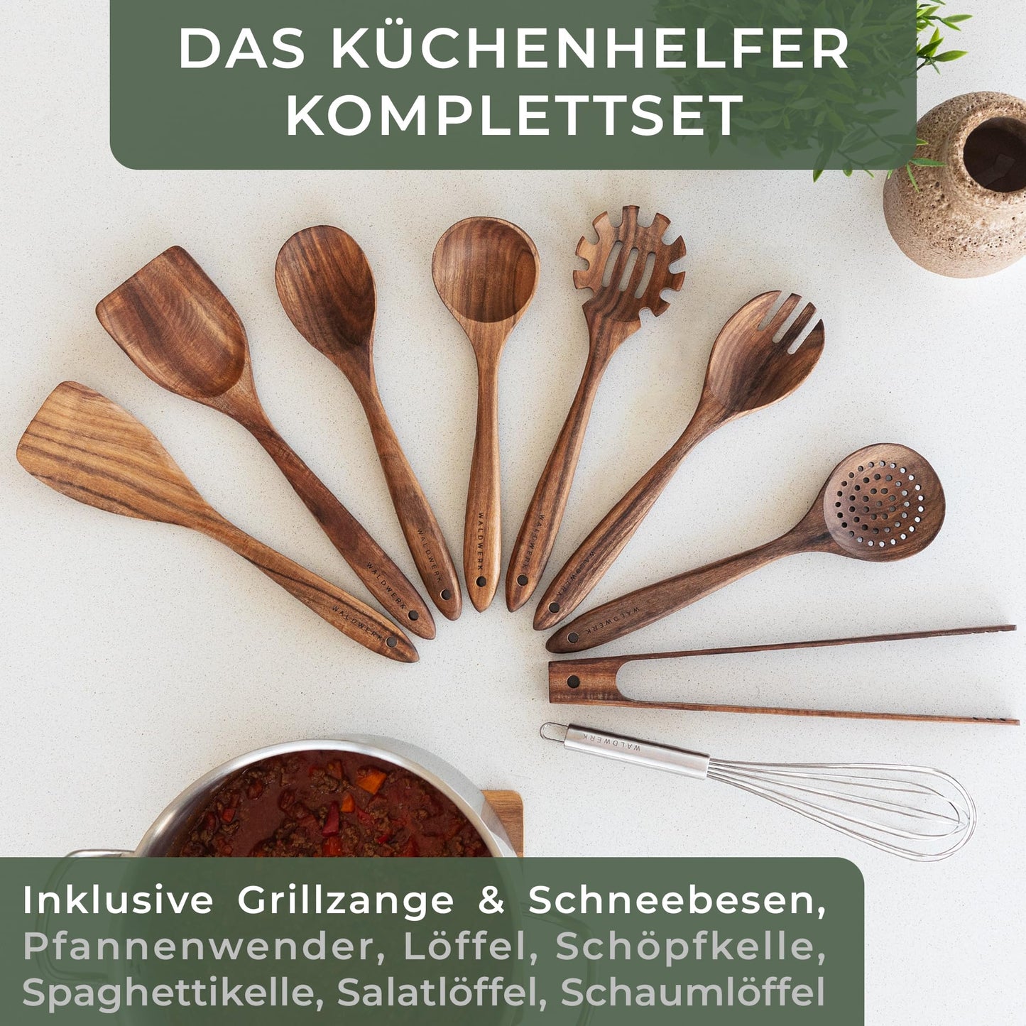 FORESTWORK Kitchen Utensil Set made of wood - 9-Piece With tongs, whisk, spatula, spoon, and pasta ladle - Cooking utensils