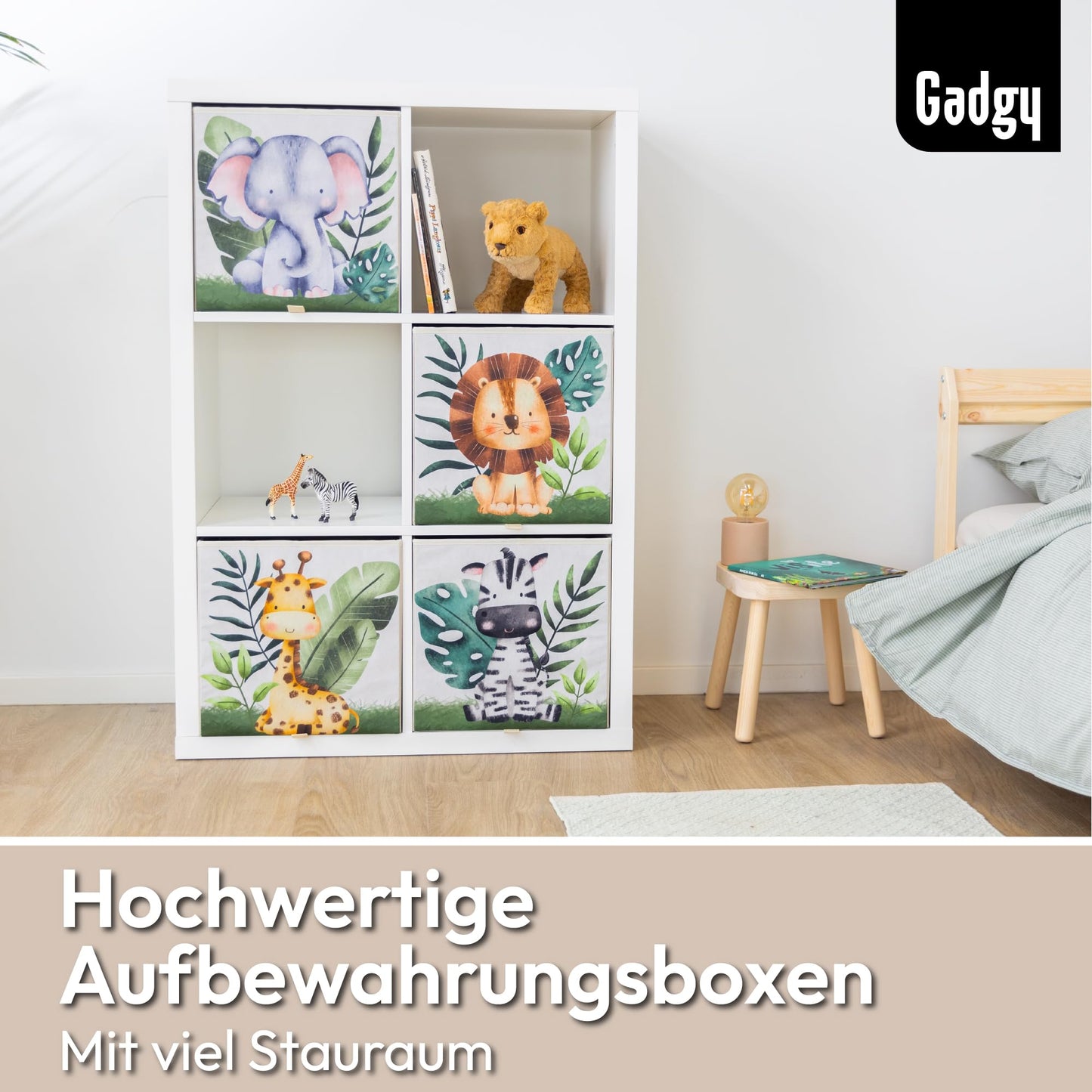 Gadgy Storage Box Kids - Storage Box Kids Room 4 Pack - Compatible with Kallax Kids Boxes - Foldable Kids Storage Boxes 33x33x33 cm - Animal-themed Kids Room Storage Boxes