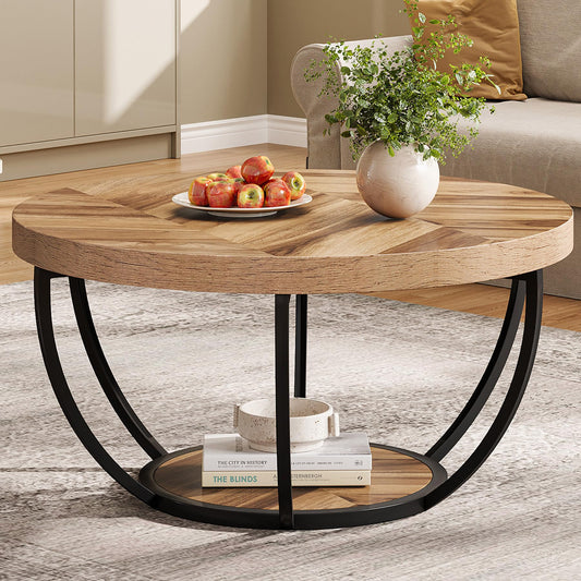 Tribesigns Round Coffee Table, Industrial 2-Tier Circle Coffee Table with Storage Shelves, Modern Wood Accent Center Table Sofa Side Table for Living Room, Home Office