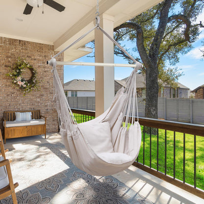 Ohuhu hanging chair with 2 pillows and ceiling hook kit, outdoor XL hanging chair up to 150 kg for adults & girls, hanging seat suspension for indoor/outdoor bedroom and garden (white rice)
