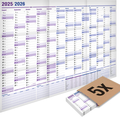5-pack: Yohmoe® XXL wall calendar 2025 2026 in 98x68 cm format, folded. Ideal as a year planner 2025/26 or school year calendar 2025/2026 wall calendar.
