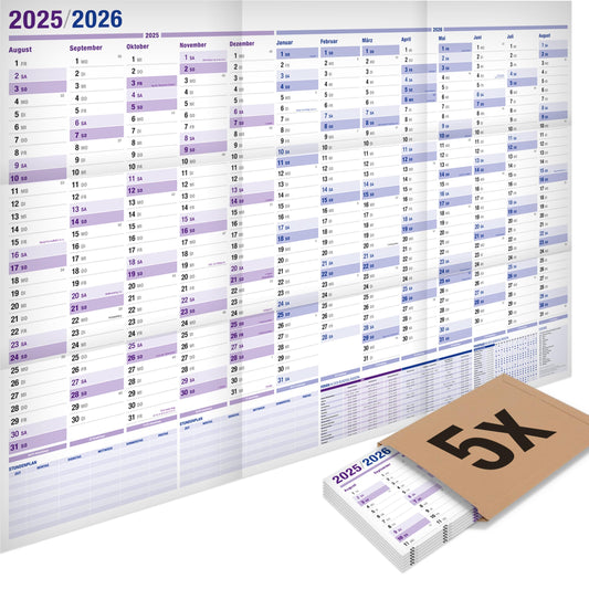 5-pack: Yohmoe® XXL wall calendar 2025 2026 in 98x68 cm format, folded. Ideal as a year planner 2025/26 or school year calendar 2025/2026 wall calendar.