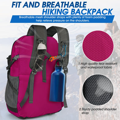 IGOLUMON hiking backpack for men and women, 40L waterproof and lightweight. Foldable for travel, with reflective strips for cycling, climbing, hiking, and sports. (Rose)