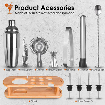 Cocktail Shaker Set, Esmula 750ML 12-Piece Stainless Steel Bartender Kit Professional Martini Mixing Bartending Kit Combination, Home Stylish Bar Tool Set with Cocktail Recipe Book (Silver)