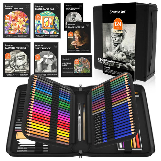 Shuttle Art 124-piece Drawing Set, Artist Kit with colored pencils, drawing pens, watercolor pencils, and graphite pencils in a pencil case, suitable for children and adults for drawing.