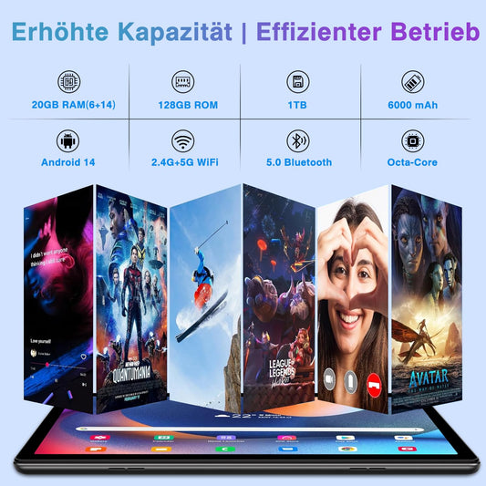 fezawio Android 14 Tablet 10 inch 20GB RAM+128GB ROM, Octa-Core Tablet WiFi 6, 6000mAh, (1TB TF) with Keyboard and Mouse-black