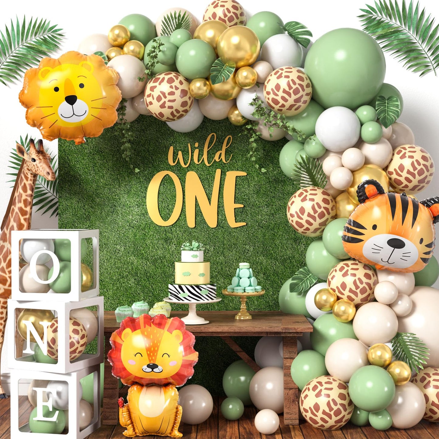 Jungle Safari Decor 1st Birthday Boy Wild One Birthday Decor with Sage Green Balloons Garland Balloon Box Safari Kids Birthday Decor Baby Shower Baptism Tropical Birthday Party Decor