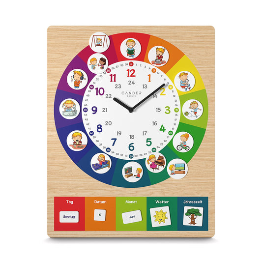 Cander Berlin MNU 11835 R Children's Wall Clock silent 40 x 30 cm noiseless Magnet Pictures Children's Room Daily Routine Wooden design Learning clock Children's room analog without ticking Girls Boys