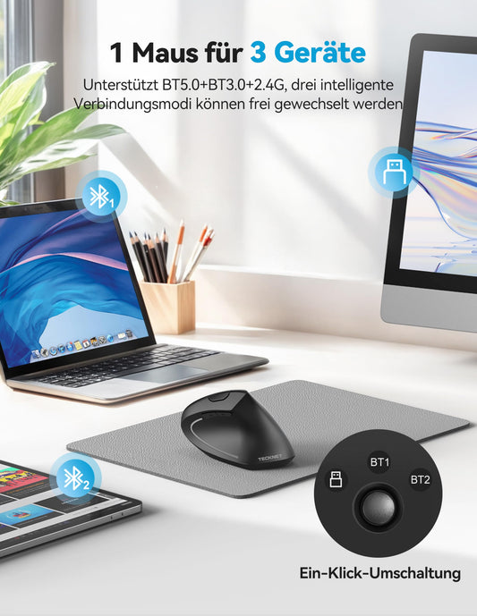 TECKNET Ergonomic Bluetooth Mouse, Rechargeable Wireless Vertical Mouse (BT 5.0/3.0 + 2.4G), 6 Adjustable Levels up to 4800 DPI, Optical Silent Wireless Mouse with USB-A Receiver, Wide Compatibility