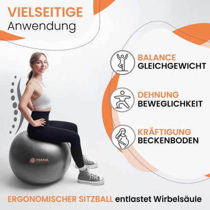 KIANA SPORTS® Exercise Ball & Stability Ball - 4 Sizes - German Design - Non-Slip Yoga Ball with Bumps - Extra Thick & Durable - Includes Pump & Exercise Plan - Perfect for Fitness & Office