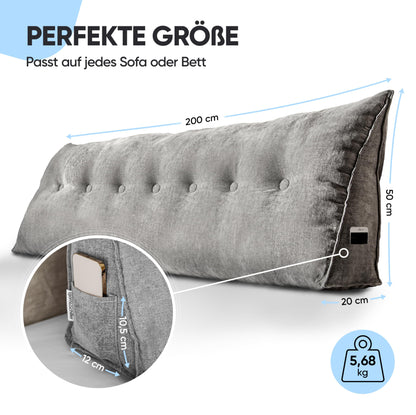 Björn & Schiller Back Pillow - Reading Pillow for Bed and Sofa, Wedge Pillow, Back Cushion for the Wall, Seat Cushion, Wall Pillow, large with washable cover (Gray, 200 cm)