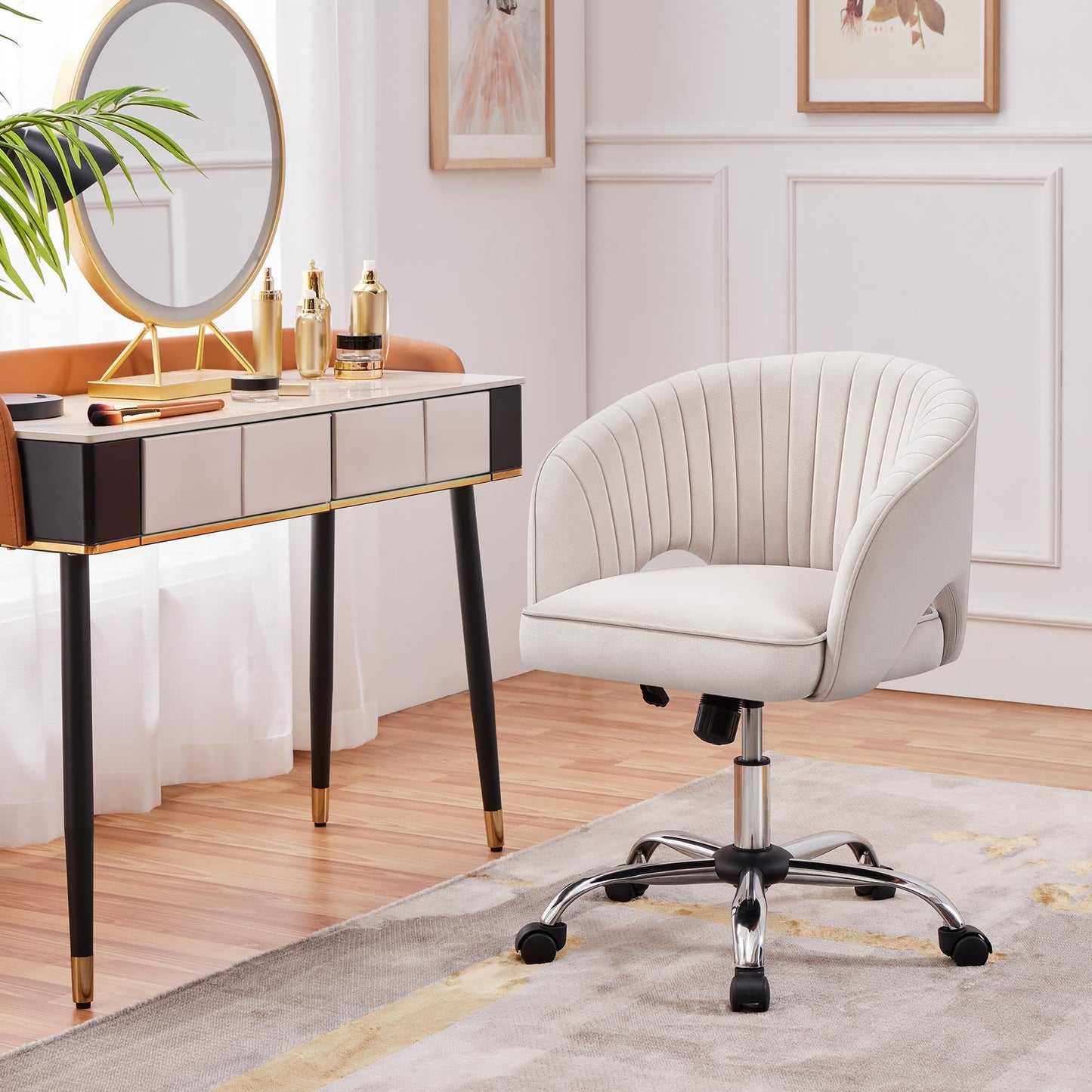 Yaheetech Makeup Chair with Velvet Cover, Office Chair with Armrests, Swivel Chair with Casters, Height Adjustable Home Office Chair, Office Chair with Rocking Function, Rotatable Upholstered Chair Cream White