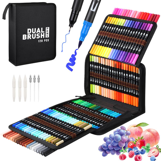Mzh Art Dual Brush Pen Set 120 Colors Dual Tip Markers, Drawing Pens for Kids and Adults, Fiber Pens and Fineliner Set for Watercolors, Handlettering Mandala Calligraphy Manga, 0.4 & 1-2mm