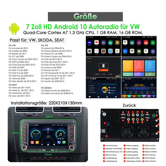 iFreGo 7 inch Android car stereo with built-in DAB+ and Carplay, 2 Din Car Radio for VW Golf, Skoda, Seat. Features Bluetooth, FM Radio, USB, reverse camera, WiFi, steering wheel control, and 7-color lighting.