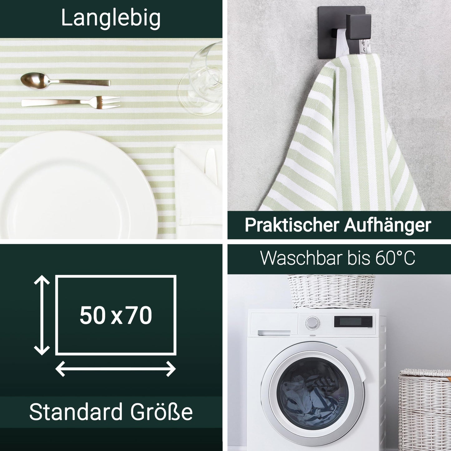 ZOLLNER 5-pack of cotton dish towels, 50x70 cm - absorbent and durable kitchen towels - machine washable up to 60°C - striped in light green - commercial quality - Oeko Tex® certified