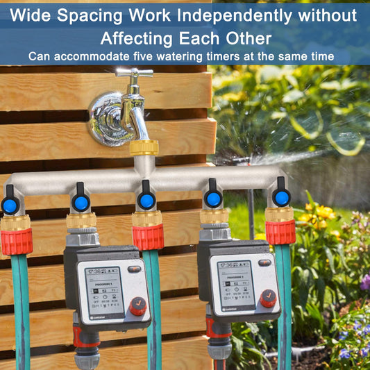 5-way water tap water distributor made of brass for 5 devices/garden hoses, 5-way distributor 3/4" adapter 1/2" with ball valve for adjusting and shutting off water flow.