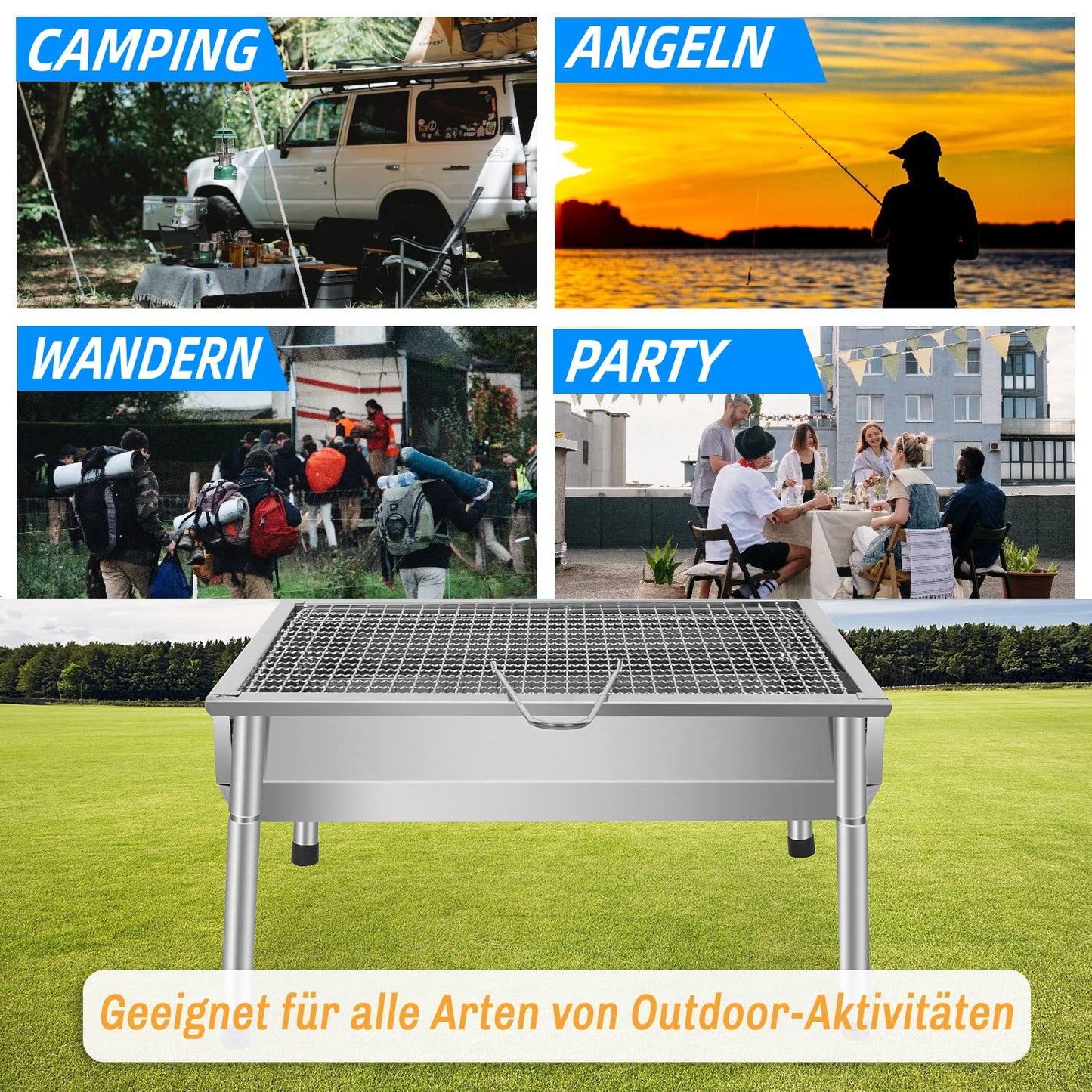 SunJas picnic grill stainless steel charcoal grill small portable camping grill detachable BBQ grills for outdoor garden party etc. (40 x 28 x 21.5 cm)